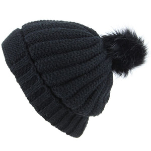 Chunky Knit Beanie Hat with Thick Fleece Lining and Faux Fur Bobble - Black