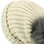 Chunky Knit Beanie Hat with Faux Fur Bobble - Off White