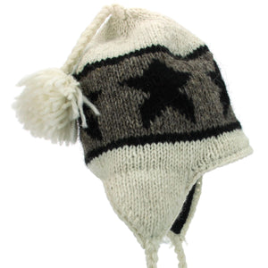 Bonnet à pompon en tricot de laine - crème étoile