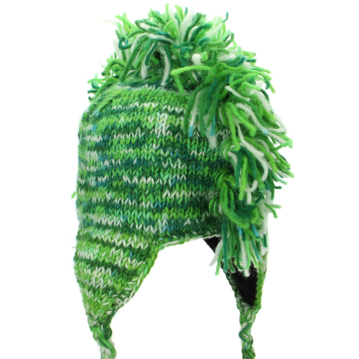 Wool Knit 'Punk' Mohawk Earflap Beanie Hat - Green Space Dye