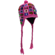 Wool Knit Earflap Bobble Hat - Square Pink