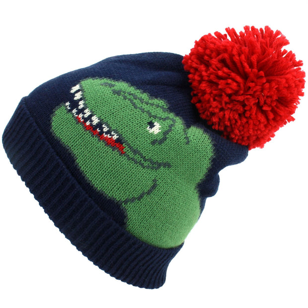 dinosaur Kids Bobble Beanie Hat - Navy