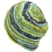 Chunky Ribbed Wool Knit Beanie Hat with Space Dye Design - Green & Blue