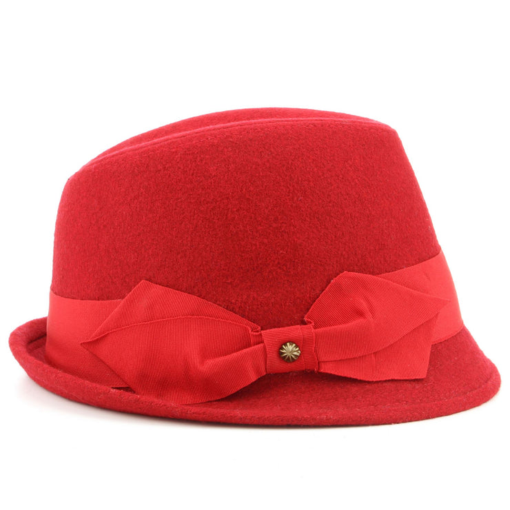 Wool trilby hat with short brim and large side bow - Red (57cm)