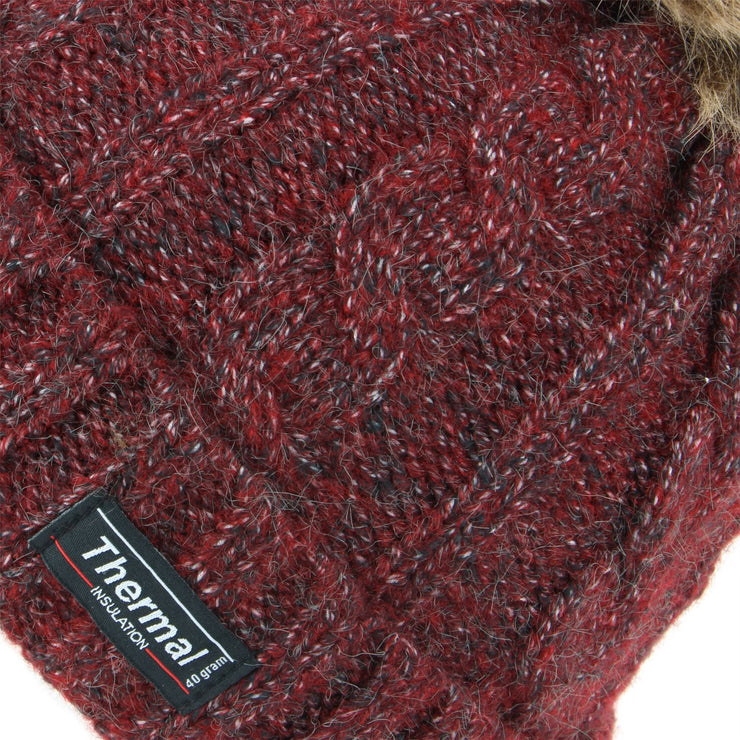 Cable Knit Beanie Hat with Thermal Lining and Faux Fur Bobble - Red
