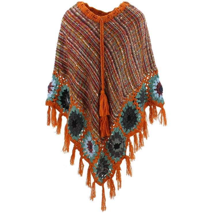 Granny Squares Crochet Poncho Long - Rainbow/Rust