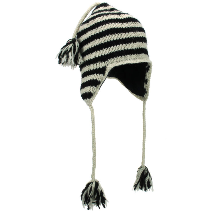 Wool Knit Earflap Tassel Hat - Stripe Cream Black
