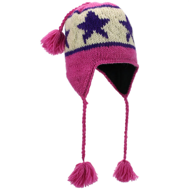Wool Knit Earflap Tassel Hat - Star Pink