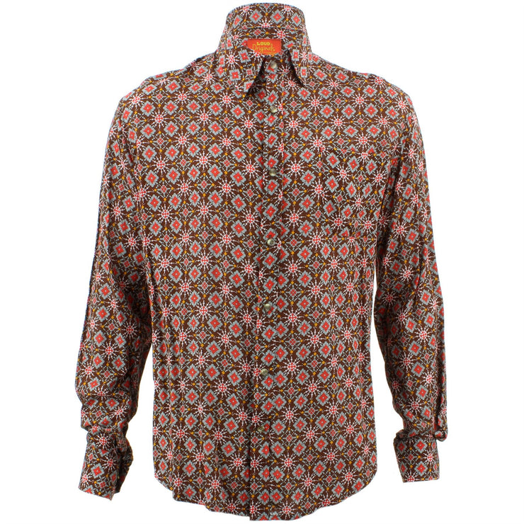 Tailored Fit Long Sleeve Shirt - Red & Grey Abstract on Brown
