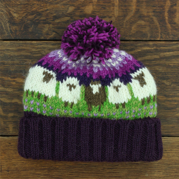 Hand Knitted Wool Beanie Bobble Hat - Sheep - Green Purple Gradient