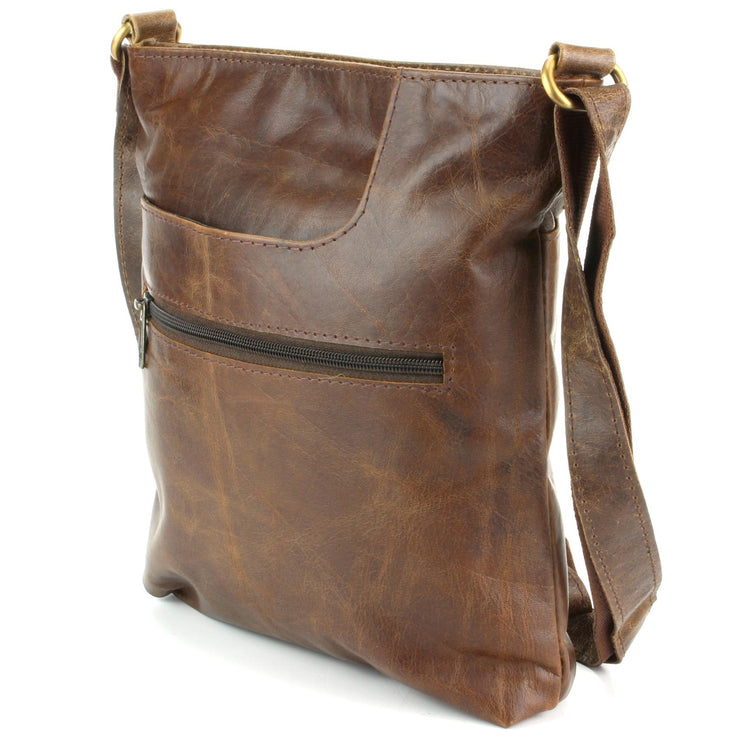 Real Leather Shoulder Bag with Front Zip and Pouch Pocket - Dark Brown