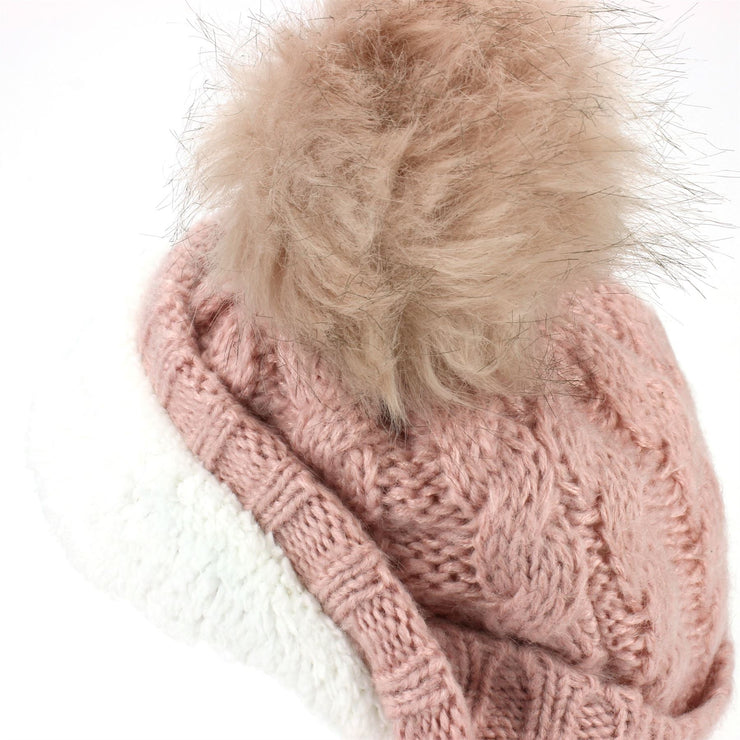 Twisted Rib Knitted Hat with Matching Colour Bobble - Baby Pink
