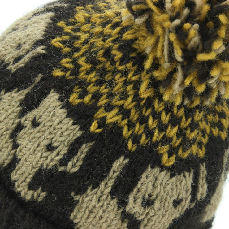 Wool Knit Bobble Beanie Hat - Elephant - Brown Gold