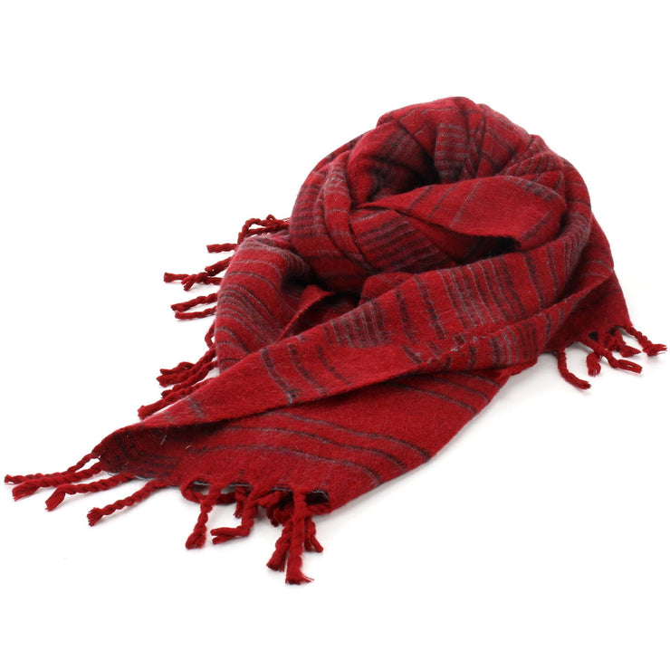 Vegan Wool Shawl Blanket - Stripe - Red Grey