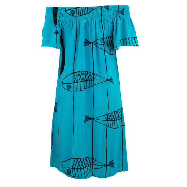 Shirred Comfy Dress - Turquoise Fish