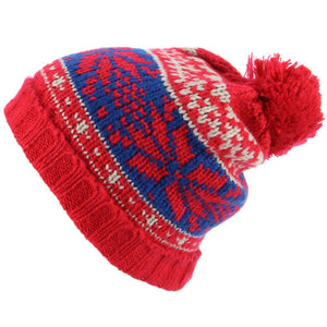 Chunky Knit Slouch Beanie Bobble Hat with Fairisle Pattern - Red
