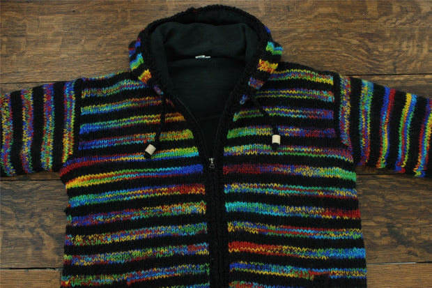 Hand Knitted Wool Hooded Jacket Cardigan - Stripe Black Rainbow SD