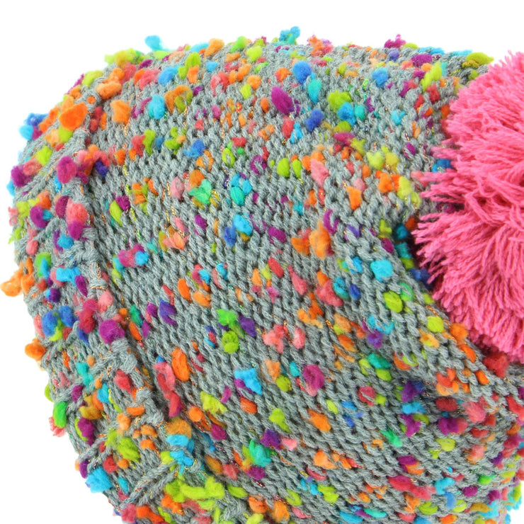 Children's Grey Beanie Bobble Hat with Rainbow Fleck - Pink Bobble