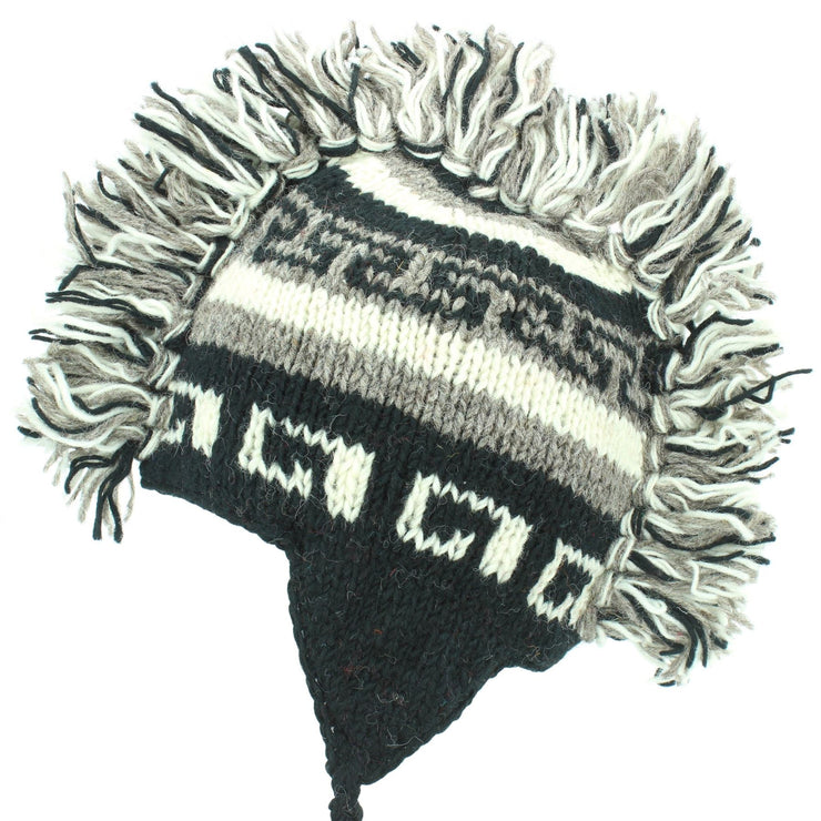 Wool Knit 'Punk' Mohawk Earflap Beanie Hat - Greys