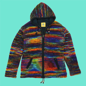 Cardigan veste à capuche en laine tricotée à la main - arc-en-ciel noir sd