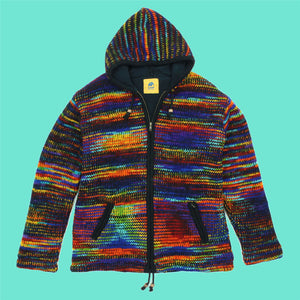 Handgestrickte Strickjacke mit Kapuze aus Wolle – SD Black Rainbow