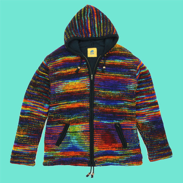 Hand Knitted Wool Hooded Jacket Cardigan - SD Black Rainbow