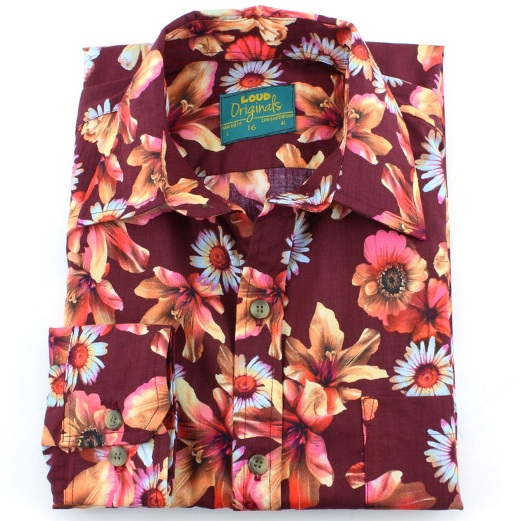Tailored Fit Long Sleeve Shirt - Red & Pink Floral on Brown