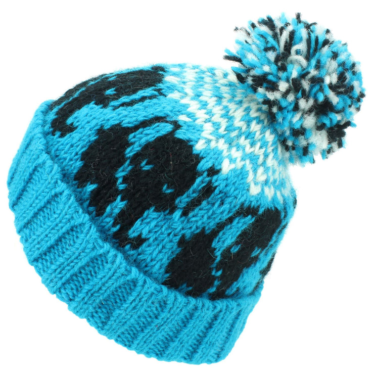 Wool Knit Bobble Beanie Hat - Elephant - Blue White
