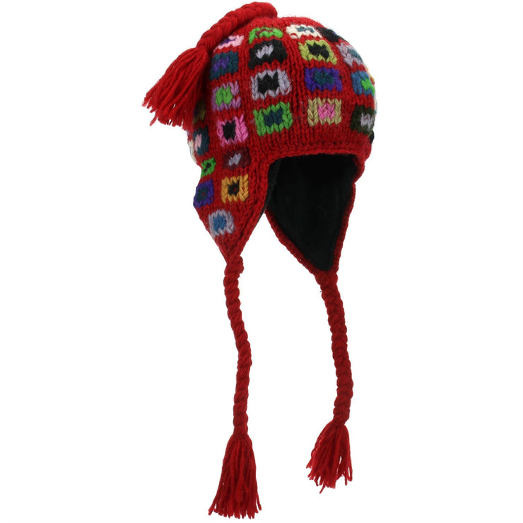 Wool Knit Earflap Tassel Hat - Square Red