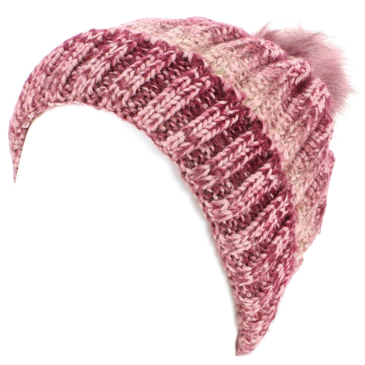 Colour Fade Bobble Beanie Hat with Faux Fur Pom - Pink