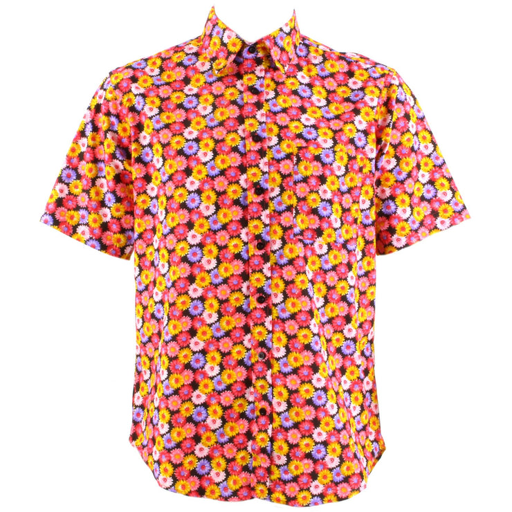 Regular Fit Short Sleeve Shirt - Red Pink & Yellow Floral on Black