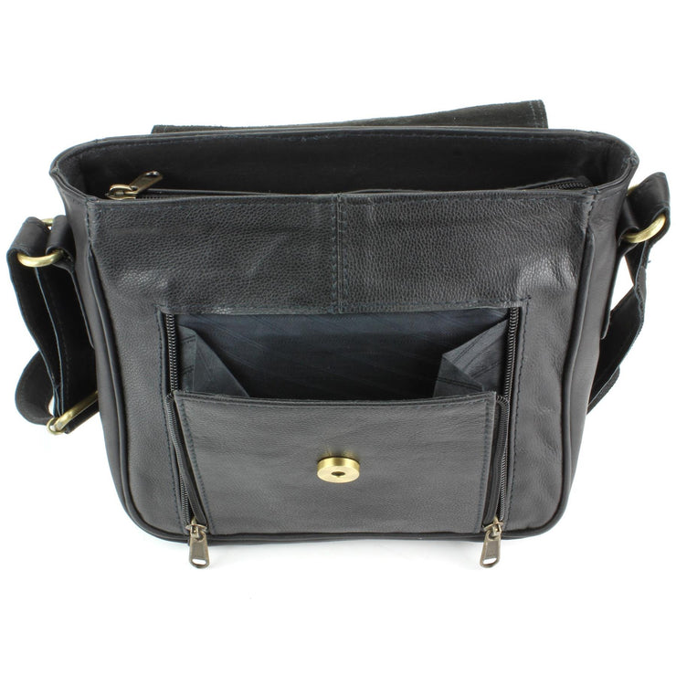 Real Leather Shoulder Bag with Large Extendable Front Pocket - Black