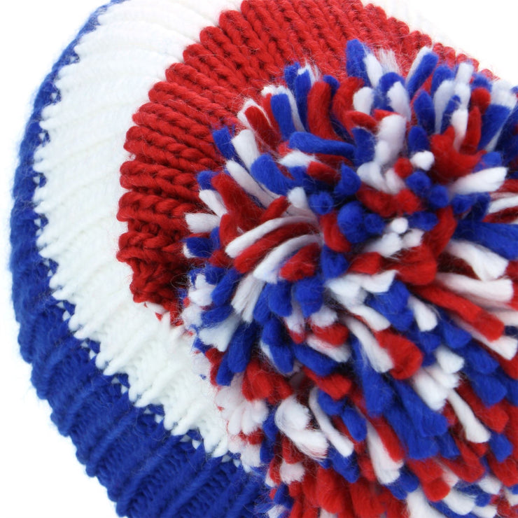 Chunky Acrylic Knit Beanie Hat with a MASSIVE Bobble - Blue, White & Red