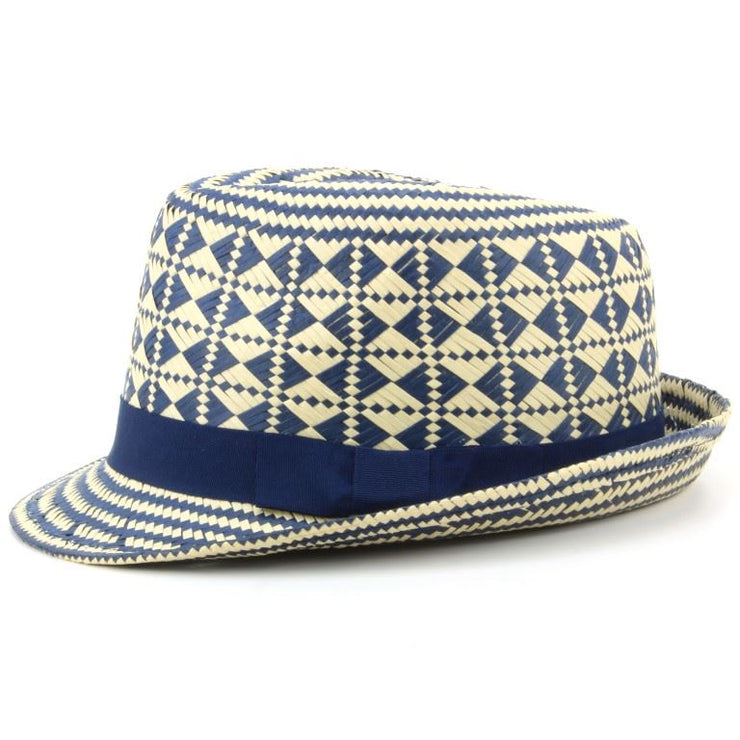 Check straw paper trilby hat with grosgrain band - Blue