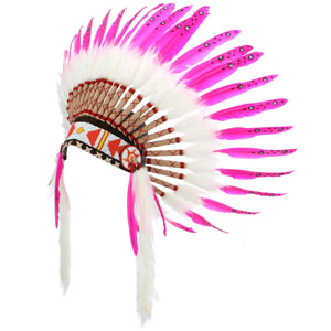 Native Amercian Chief Headdress - Pink Feathers (White Fur)