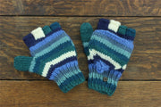 Hand Knitted Wool Shooter Gloves - Stripe Blue