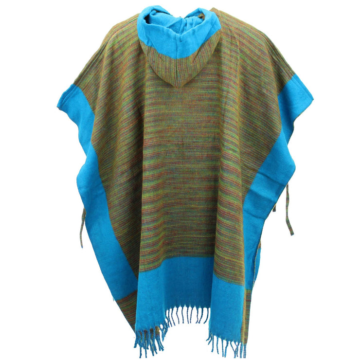 Soft Vegan Wool Hooded Tibet Poncho - Green Red & Turquoise