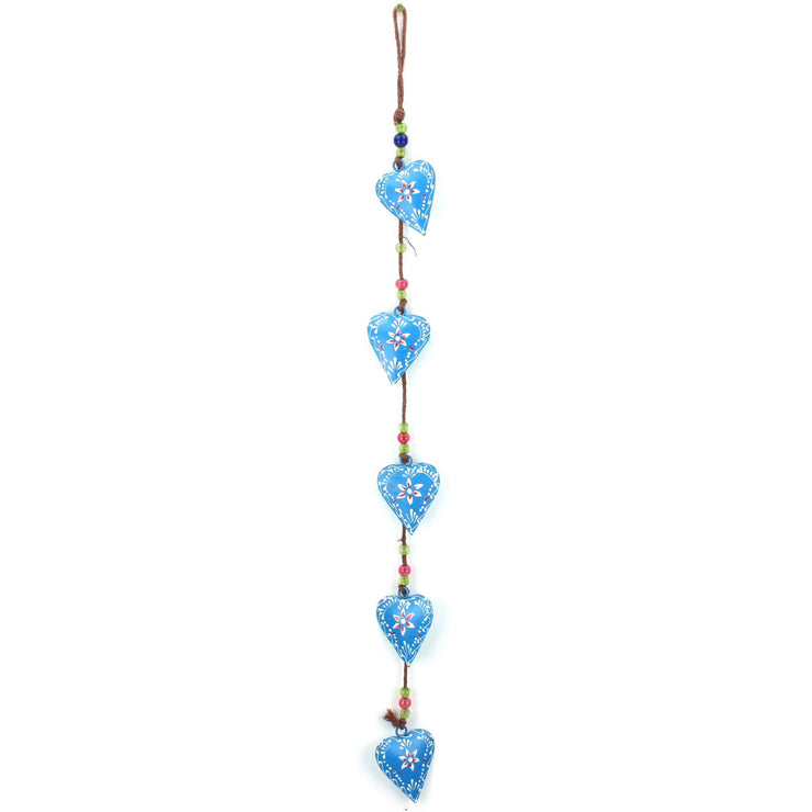 Hanging Mobile Decoration String of Hearts - Blue - Brown String