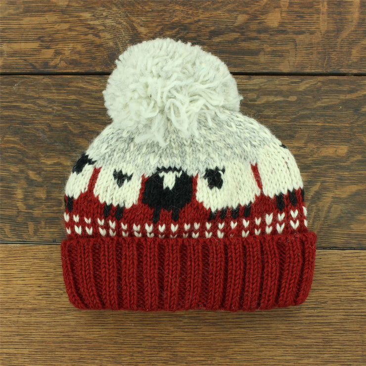 Hand Knitted Wool Beanie Bobble Hat - Sheep - Maroon Grey