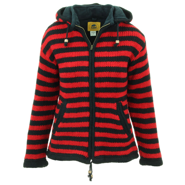 Hand Knitted Wool Hooded Jacket Cardigan Ladies Cut - Stripe Red Black