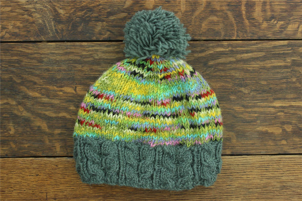 Hand Knitted Wool Beanie Bobble Hat - Grey Green