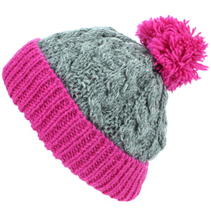 Bonnet à pompon en laine torsadée - gris et rose