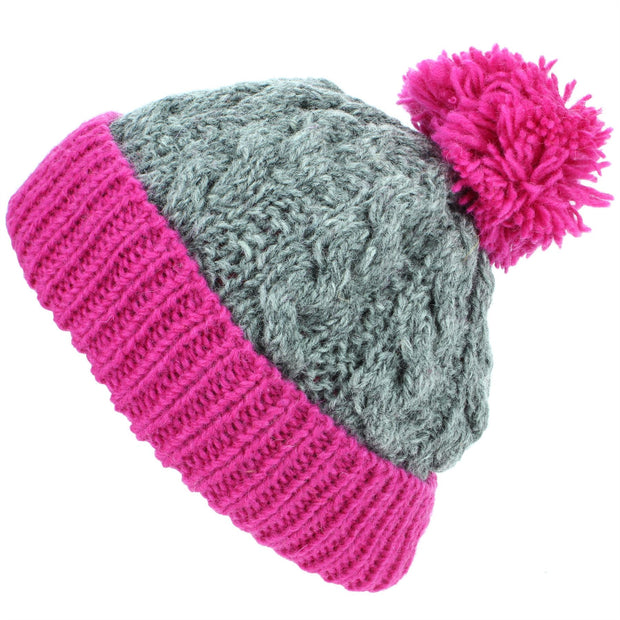 Wool Cable Knit Beanie Bobble Hat - Grey & Pink