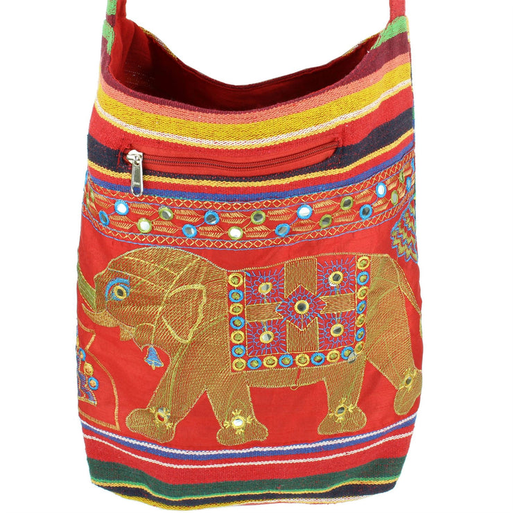 Embroidered Elephant Canvas Sling Shoulder Bag - Red