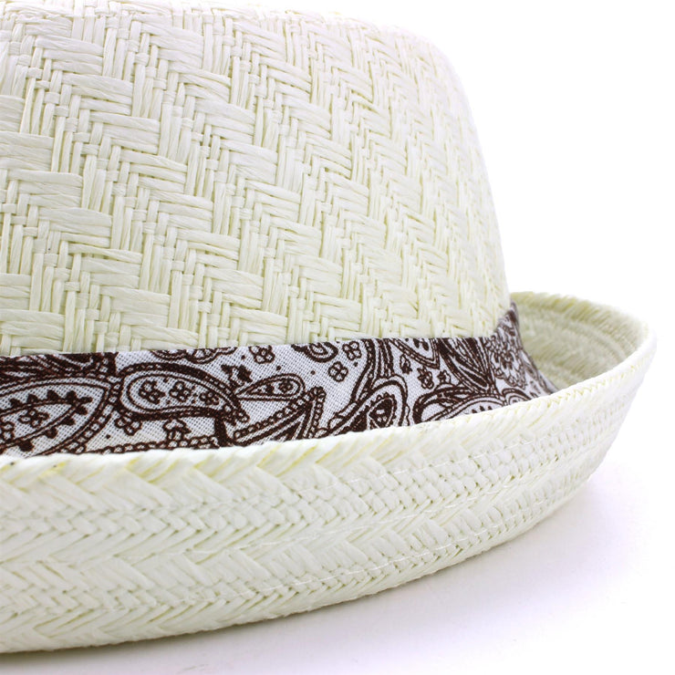 Straw Porkpie Hat with a Paisley Band - Off white