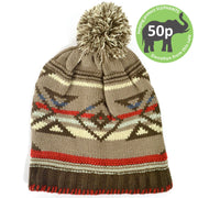 Fine knit aztec pattern beanie bobble hat - Brown