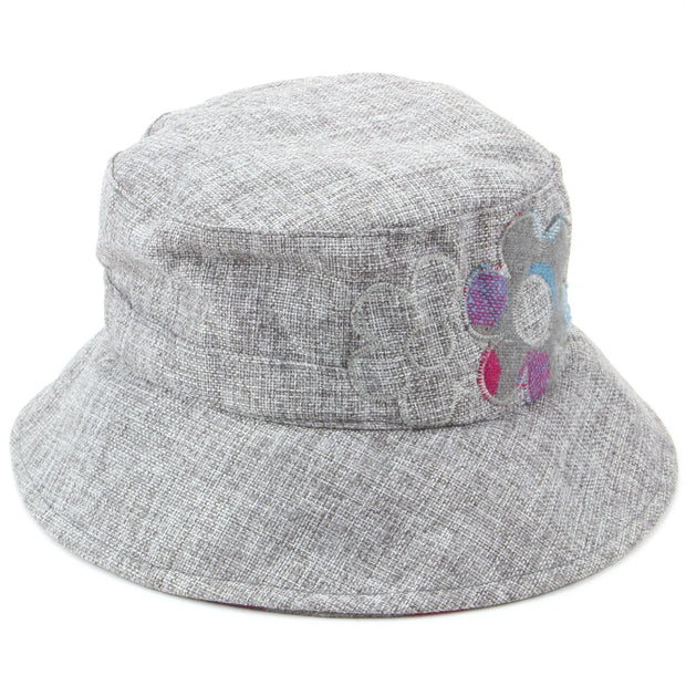 Ladies Bucket Hat with Embroidered Flower Design - Light Grey