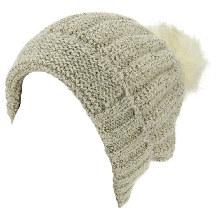 Chunky Knit Beanie Hat with Thick Fleece Lining and Faux Fur Bobble - Beige