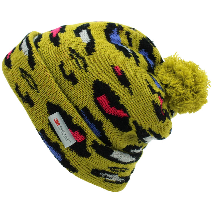 Leopard Print Beanie Hat with Matching Colour Bobble - Mustard