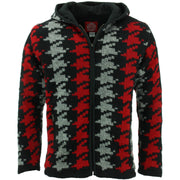 Wool Knit Hooded Cardigan Jacket - Red Houndstooth